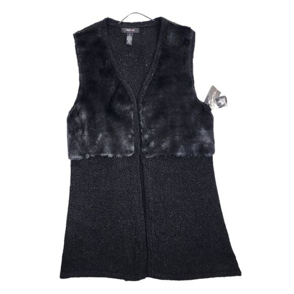 Style & Co Black Vest Sweater Faux Fur Accent Open Front Sleeveless Cardigan S - Picture 3 of 16
